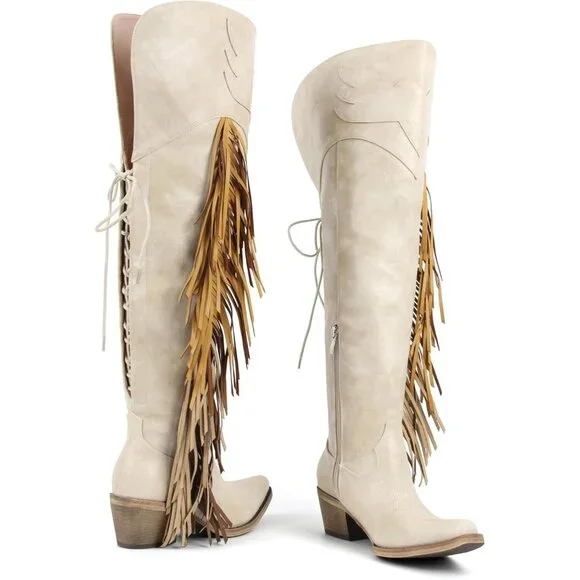 Women Beige Polyurethane Pointed Toe Fringe Adjustable Thigh High Cowgirl Boot - Picture 6 of 6